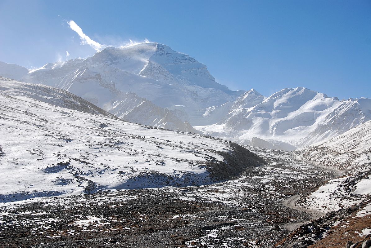 13 Cho Oyu Early Morning Just Before Intermediate Camp We jump into the Landcruiser and continue our drive from Chinese Base Camp (4908m) on a good gravel road with Cho Oyu (8201m) getting closer and closer.